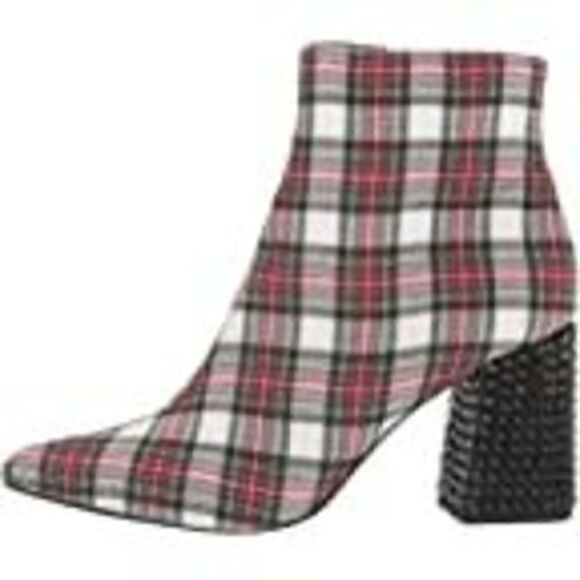 Betsey Johnson Kassie Black White Red Plaid Beaded Heel Dress Bootie Size 5 - Picture 2 of 7